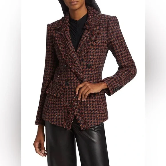 Veronica Beard Taja Dickey Jacket Size 4 Cognac Brown Tweed Houndstooth Blazer - Picture 2 of 16